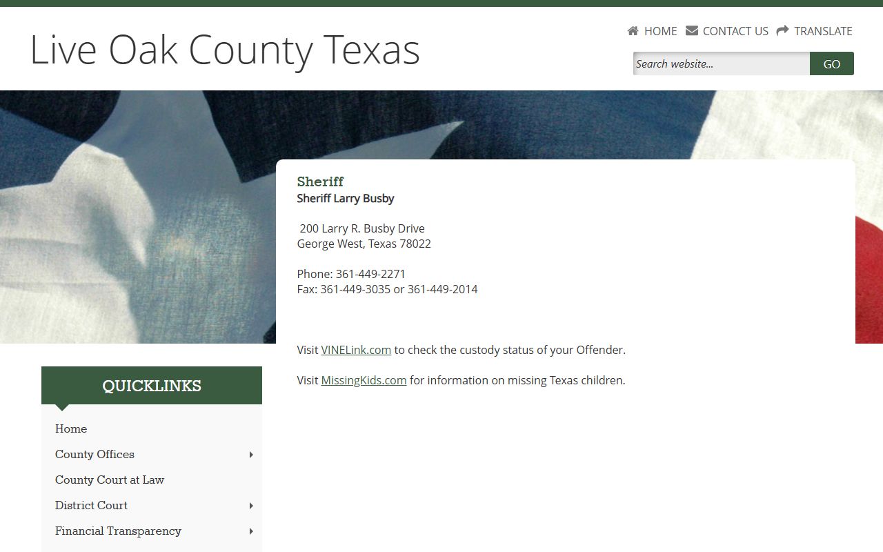 Live Oak County sheriff office page for inmate records contact