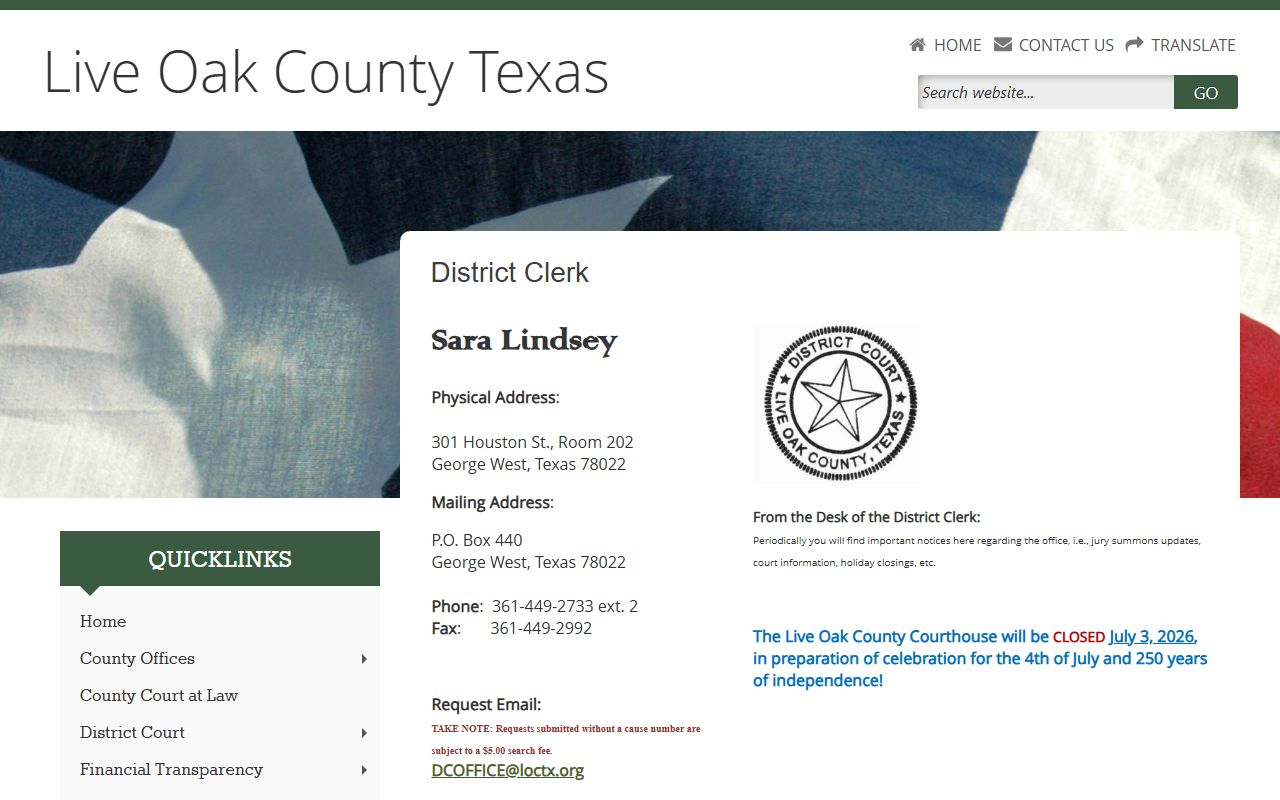 Live Oak County court records after arrest District Clerk page