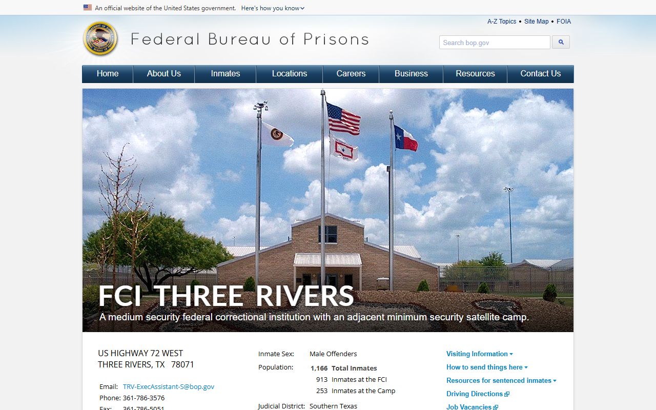 FCI Three Rivers BOP facility page for federal inmate lookup