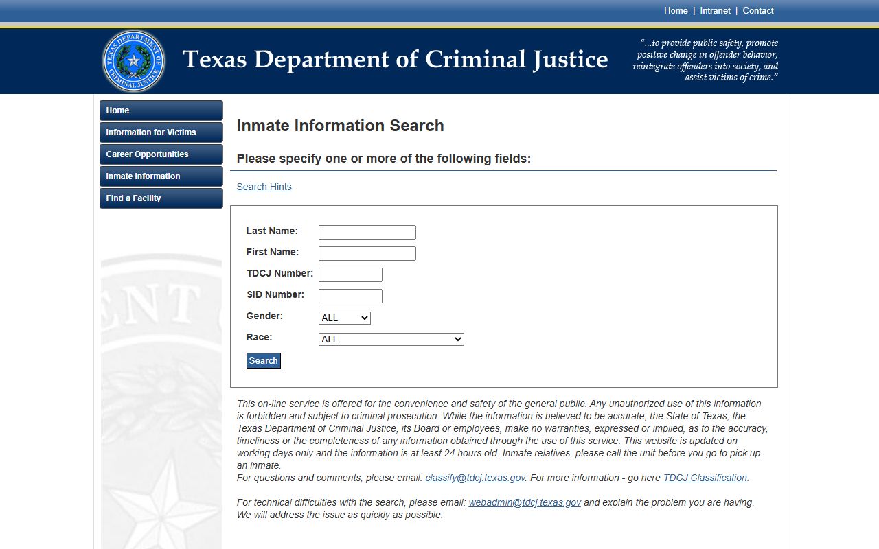 Live Oak County inmate search through TDCJ sentenced inmate locator